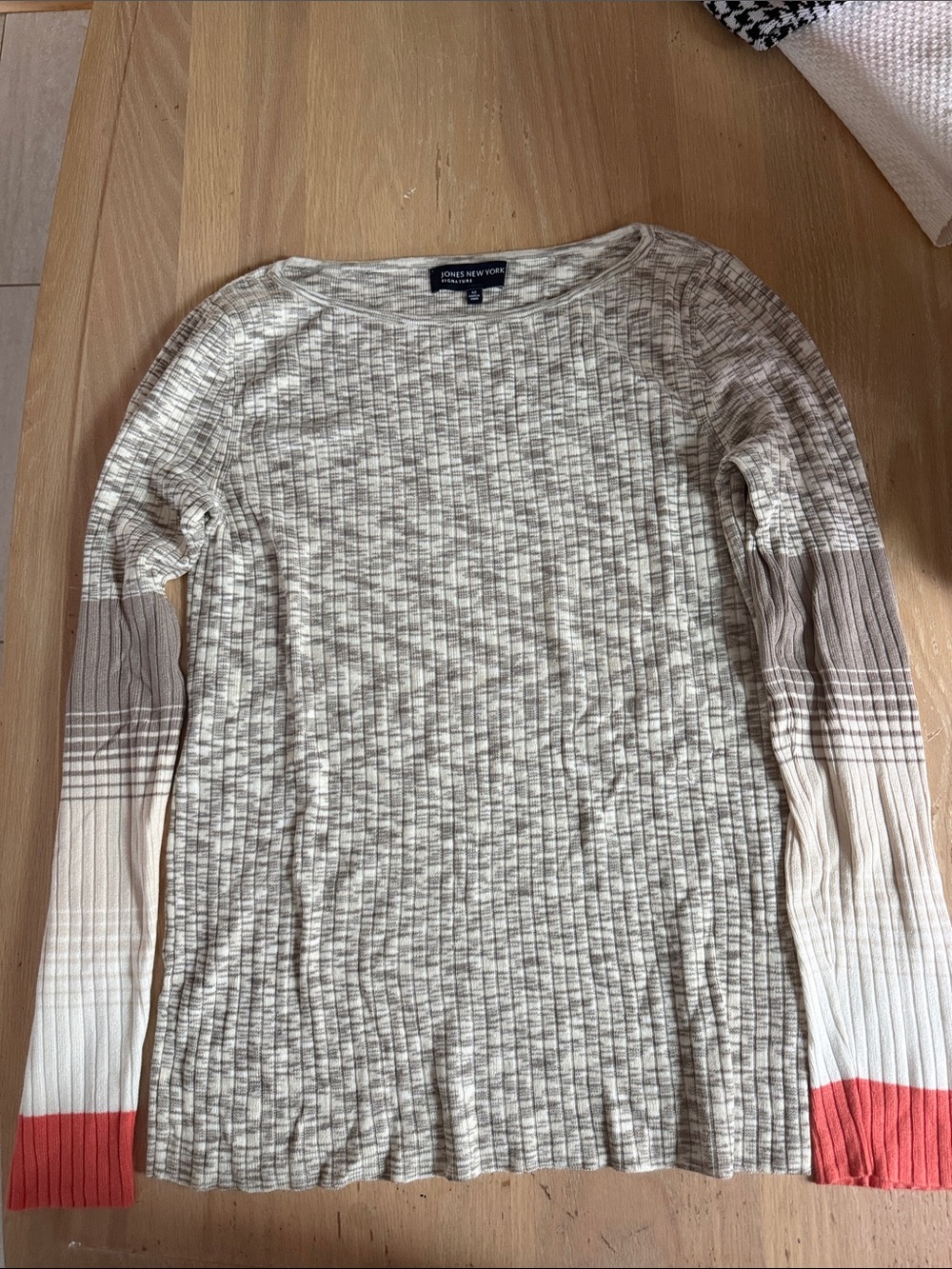 Jones New York Cream Ribbed Scoop-Neck Sweater with Coral Cuff
